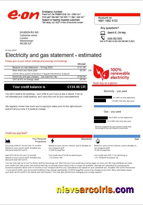United Kingdom E.ON business utility bill, version 4